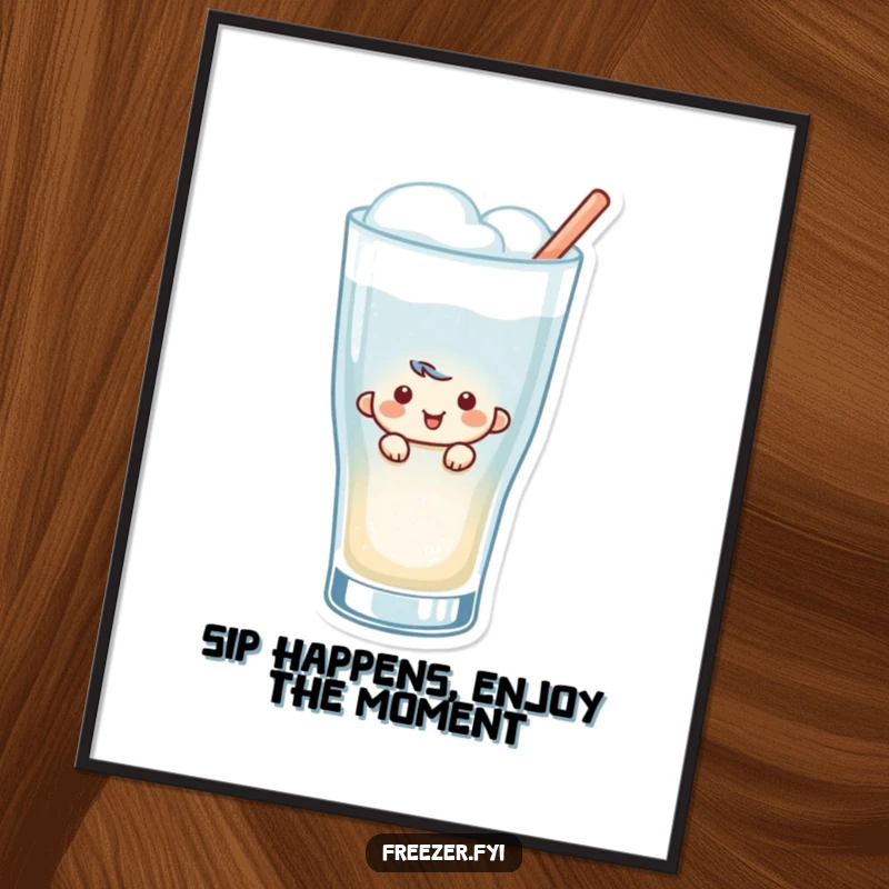 Funny Free Printable Wall Art: A small character peeking out from a frosty beverage glass, smiling cheerfully.