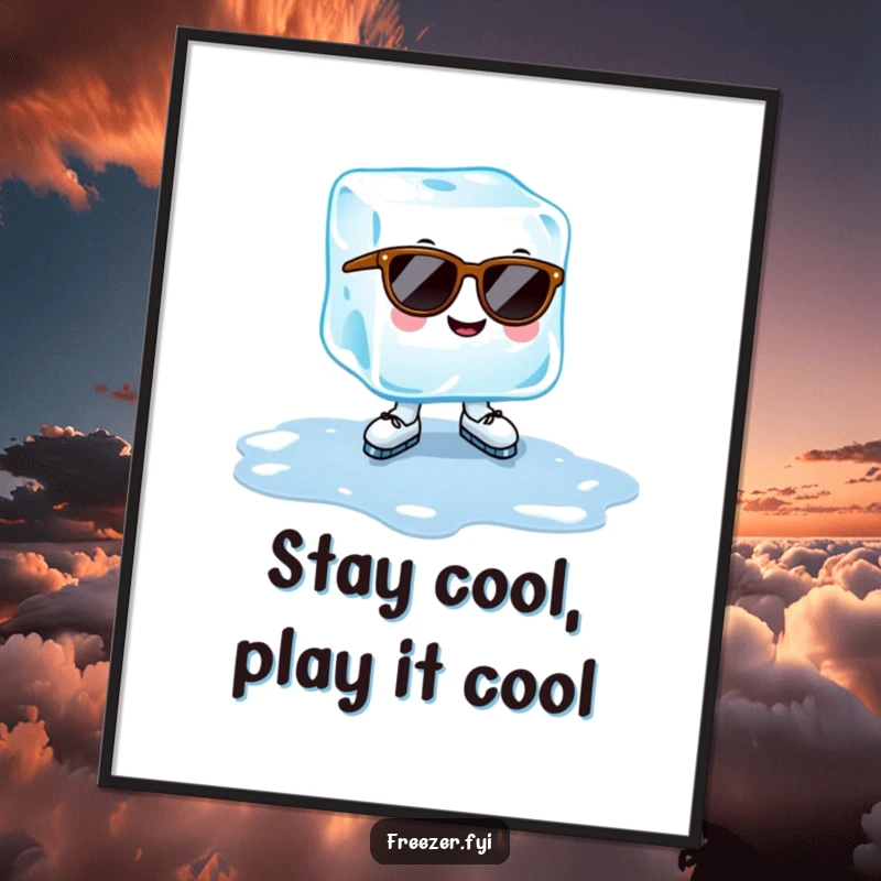 Funny Free Printable Ice Cube Wall Art: A cheerful ice cube wearing sunglasses ice-skates on a puddle.