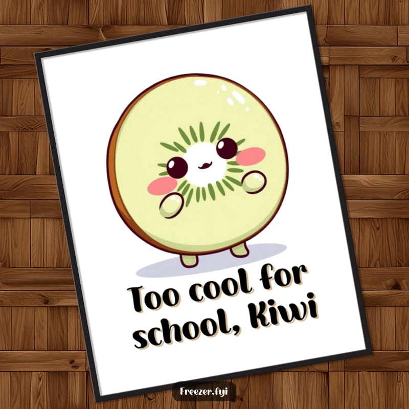 Funny Free Printable Wall Art: Cute kiwi slice character shrugging playfully, conveying a laid-back, cool attitude, ideal for quirky decor.