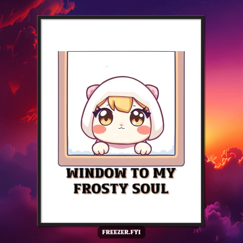 Funny Free Printable Wall Art: Wide-eyed character peeking through a frosty window, adding quirky charm.