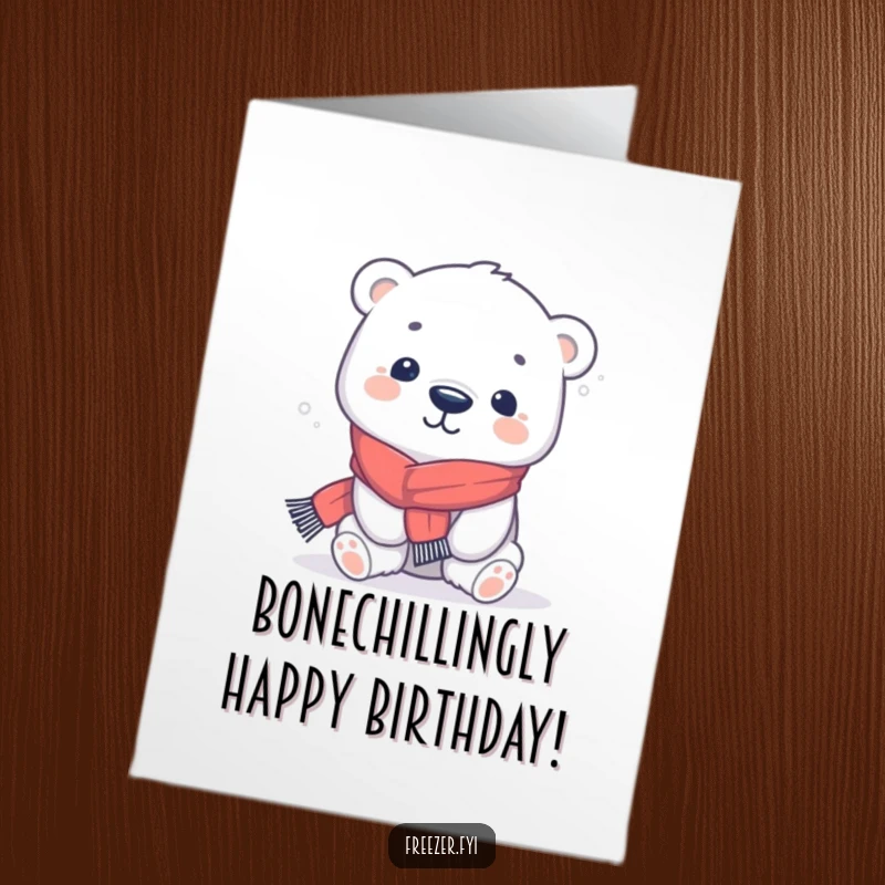 Funny Free Printable Birthday Card featuring a kawaii polar bear in a scarf, shivering playfully, sending warm wishes.