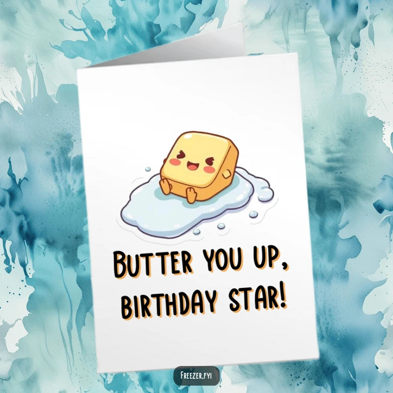 Funny Free Printable Birthday Card featuring a tiny butter pat character gleefully sliding down a frosty, icy surface.