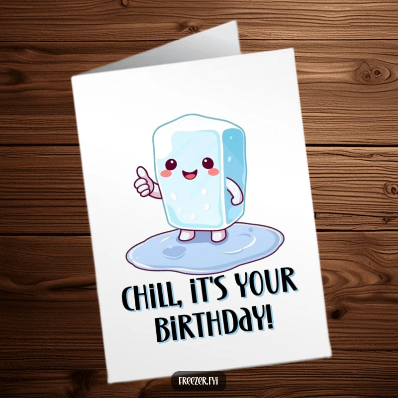 Funny Free Printable Birthday Card showing a happy ice cube character giving a thumbs up from a small puddle.