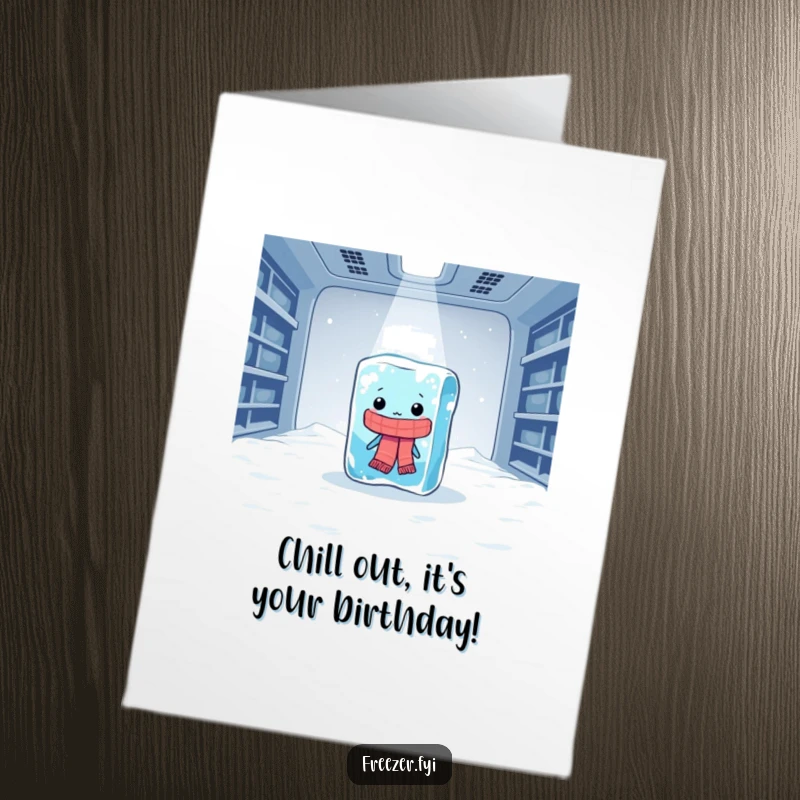 Funny Free Printable birthday card featuring a lonely ice cube in a scarf shivering dramatically in a freezer, a hilariously cold greeting.