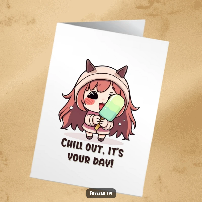 Funny Free Printable Birthday Card: Character with rosy cheeks shivering dramatically while holding a mini popsicle. Cold humor.