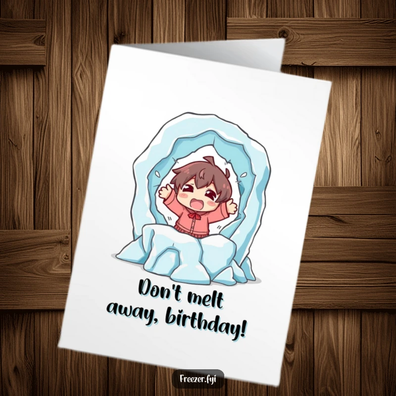 Funny Free Printable Birthday Card: Character in shock, dramatically escaping a melting ice sculpture, a lively downloadable.