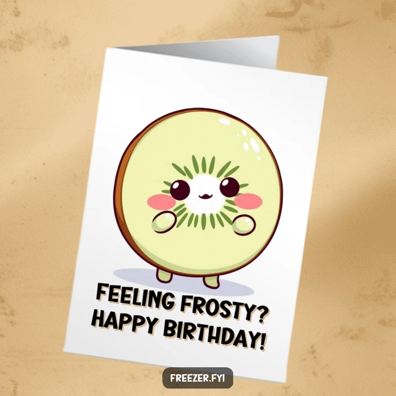 Funny Free Printable Birthday Card: Cute kiwi slice character playfully shrugging shoulders, looking cold but cheerful, perfect for DIY.