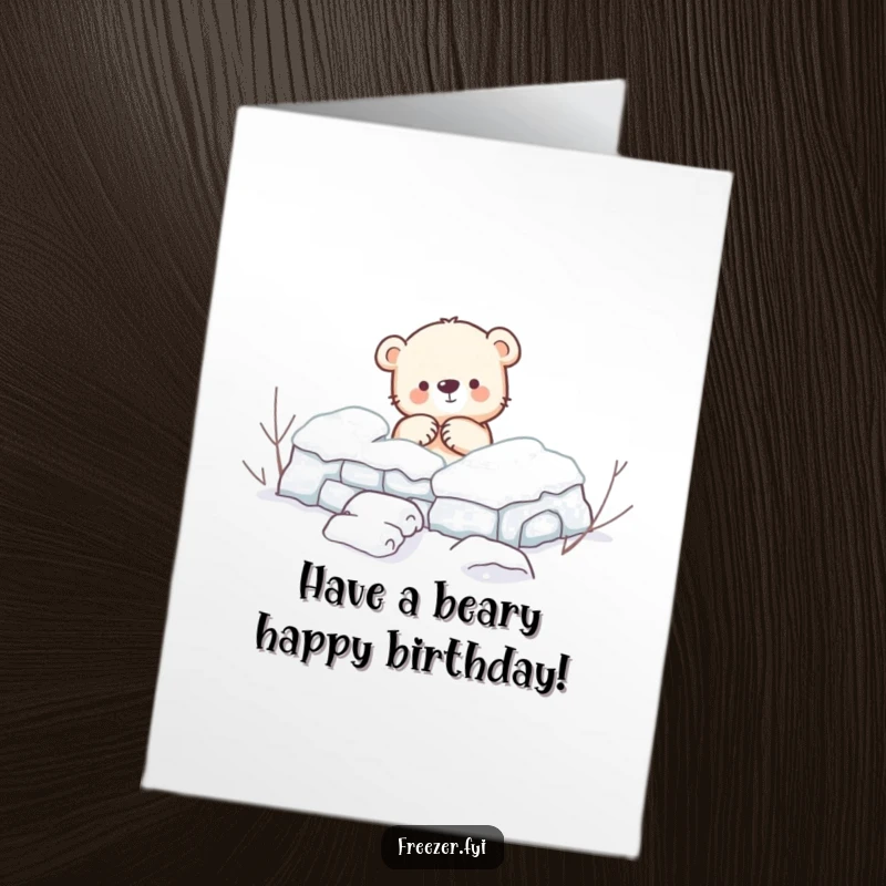 Funny Free Printable Birthday Card: A small bear cub enthusiastically builds a snow fort, ready for winter fun.