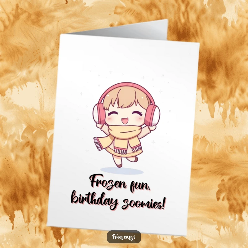 Funny Free Printable Birthday Card: A cheerful character dances joyfully amidst falling snowflakes, wearing earmuffs and a scarf, spreading winter cheer.