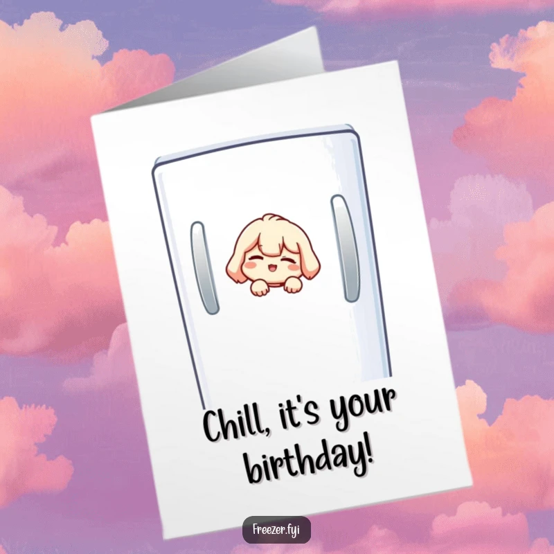 Funny Free Printable Birthday Card: Small character peeking from a freezer door, giving a playful, conspiratorial wink.