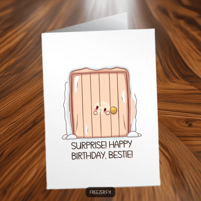 Funny Free Printable Birthday Card: Character playfully peeking from behind a large, frosty door, ready for a birthday surprise.