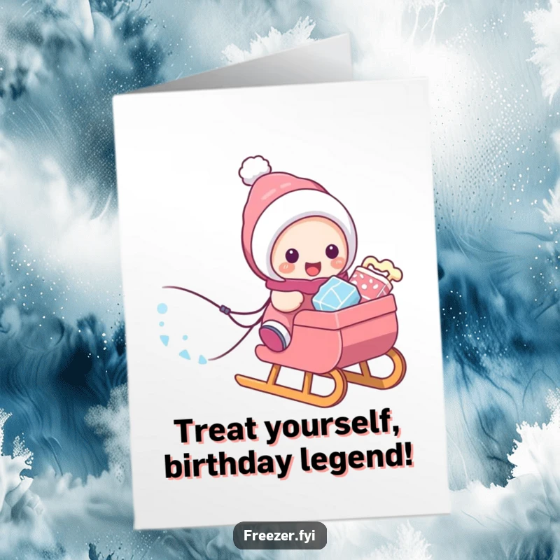 Funny Free Printable Birthday Card: A character excitedly pulls a sled laden with frosty treats, bringing birthday cheer and delights.