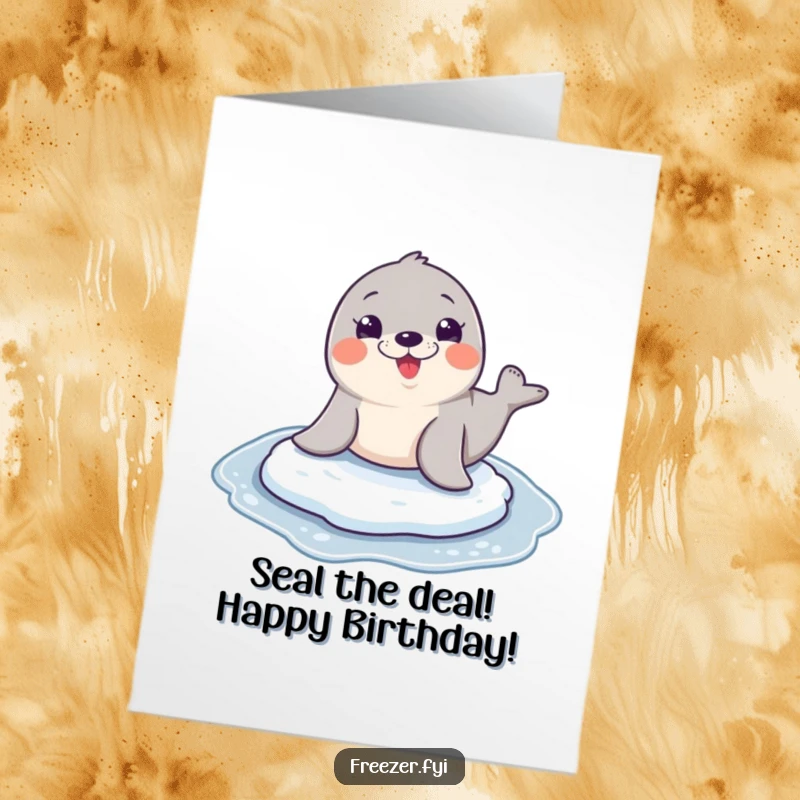 Funny Free Printable Birthday Card: Seal sliding with a huge grin, celebrating joys of winter fun.