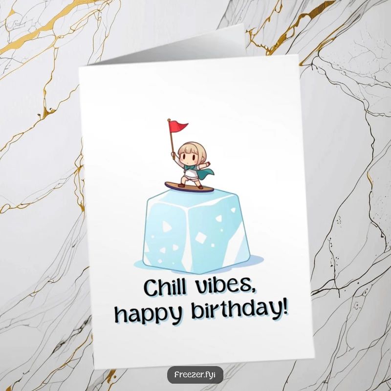 Funny Free Printable Birthday Card featuring a cheerful character surfing an ice cube with a flag, a cool and hilarious downloadable gift.