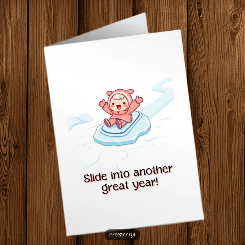 Funny Free Printable Birthday Card showing a character gleefully sliding across an icy floor with arms wide open, a fun gift.
