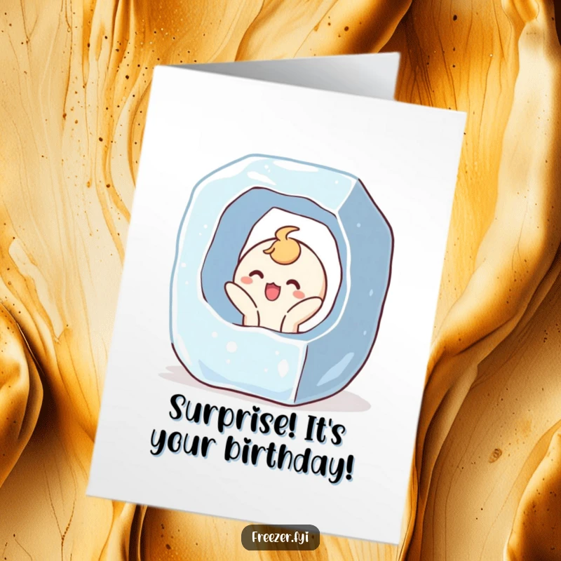 Funny Free Printable Birthday Card: Character joyfully bursting out of a giant ice cube with a surprised expression. Winter surprise.