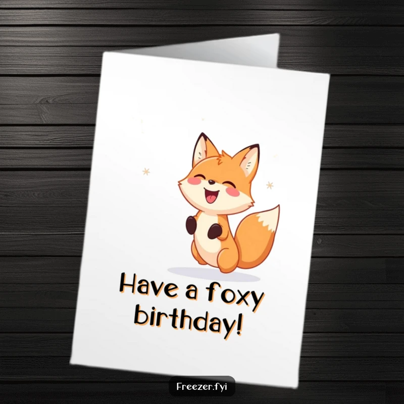 Funny Free Printable Birthday Card: A happy fox gleefully chases falling snowflake patterns in a winter wonderland.