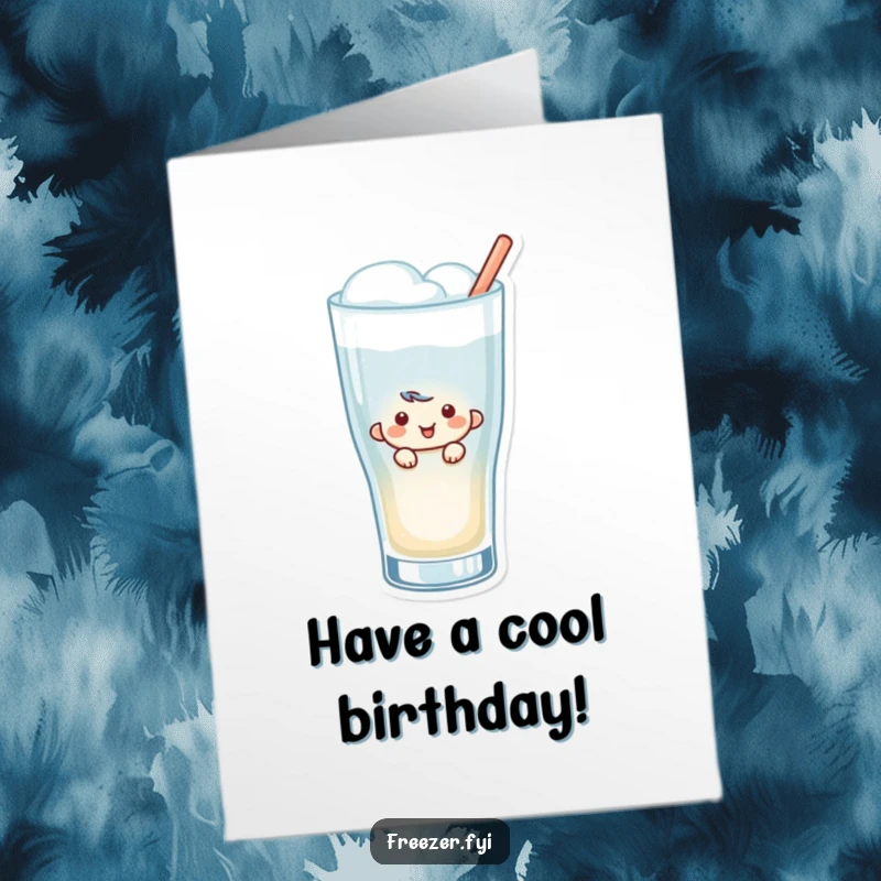 Funny Free Printable Birthday Card: Small character peeking out from a frosty beverage glass, smiling with birthday cheer.