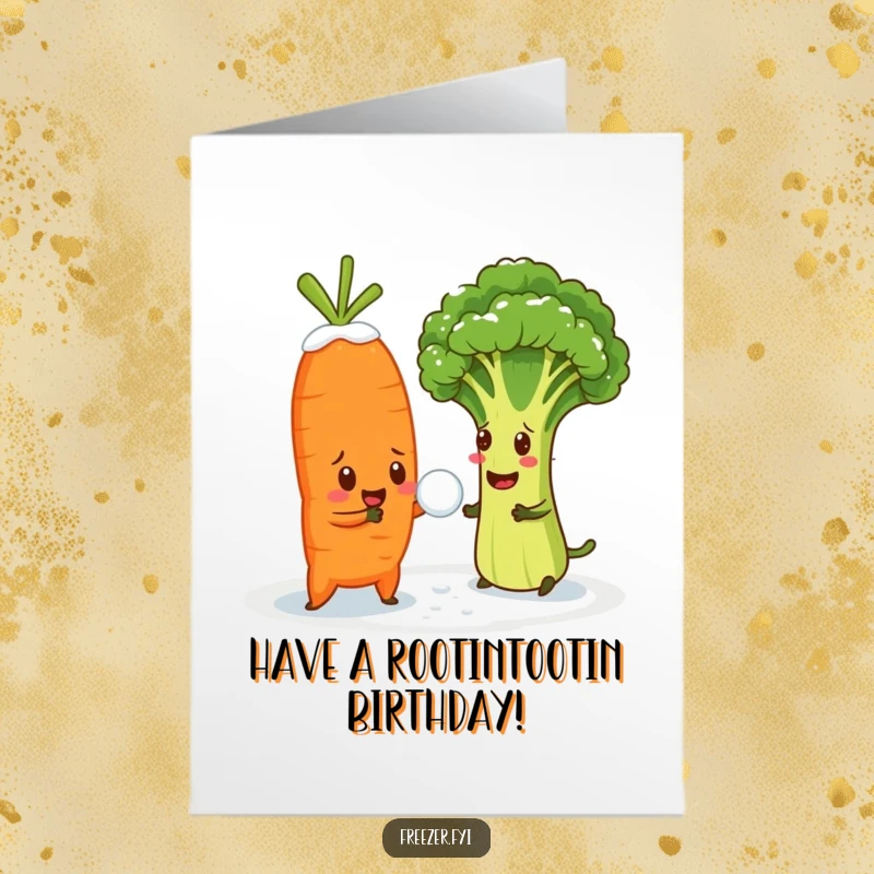 Funny Free Printable birthday card: cheerful carrot in a snowball fight with a bewildered broccoli, a hilarious and festive greeting.