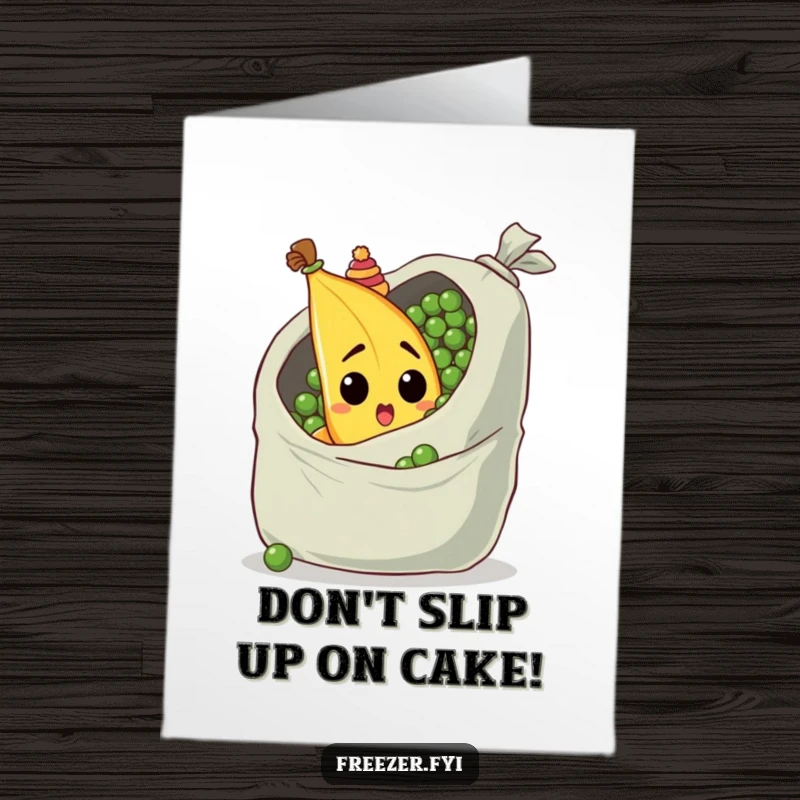 Funny Free Printable birthday card: a surprised banana in a tiny hat peeking from behind peas, a hilariously quirky greeting.