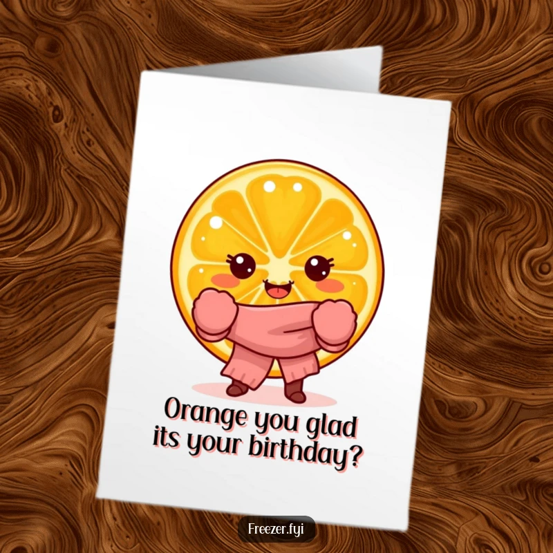 Funny Free Printable Birthday Card: A joyful orange slice character wears mittens and a scarf, radiating warmth.