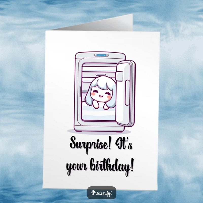 Funny free printable birthday card: a character peeking out of an open freezer door with a mischievous giggle.