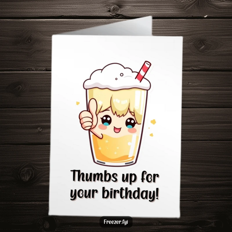 Funny Free Printable Birthday Card: Character giving a thumbs up from inside a frosty beverage, celebrating.