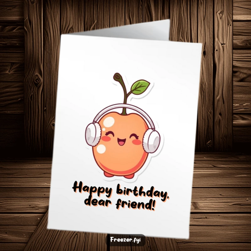 Funny Free Printable Birthday Card: A tiny cherry character wearing a miniature earmuff, looking content and pleased on a birthday.