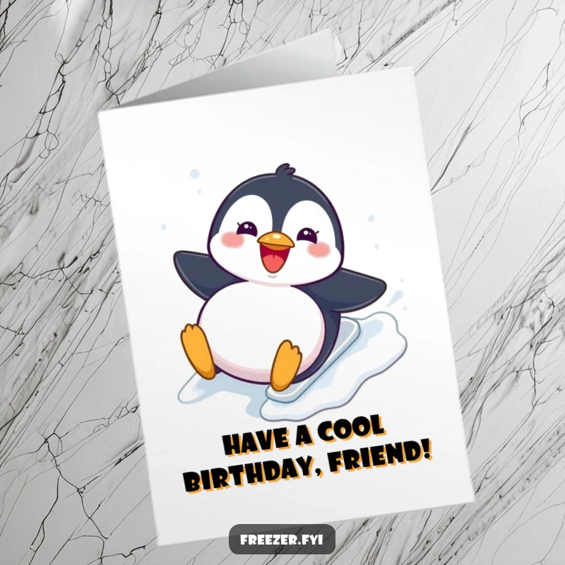 Funny Free Printable Birthday Card: A chubby penguin slides joyfully down an icy slope, embracing the birthday fun.