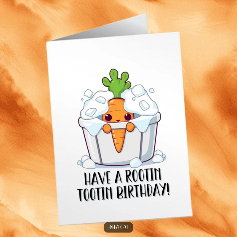Funny Free Printable Birthday Card: A curious carrot peeking from ice, a cool and downloadable birthday gift.