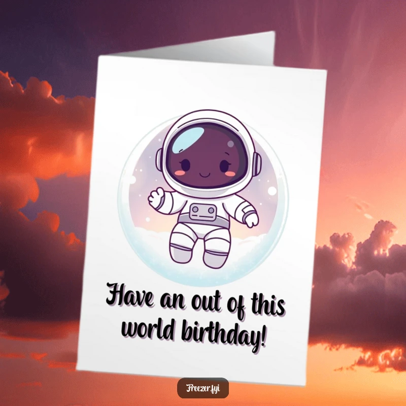 Funny Free Printable Birthday Card: Happy astronaut character floating inside a frosty, glowing orb, celebrating a birthday.