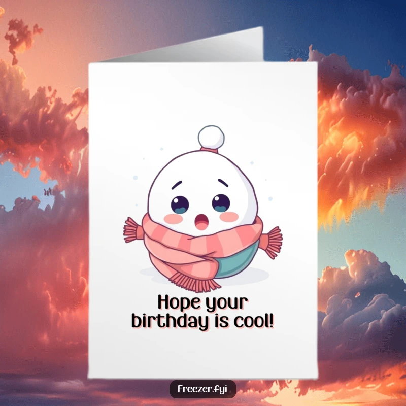 Funny Free Printable Birthday Card: Surprised snowball character tumbling headfirst into a soft, cozy scarf.
