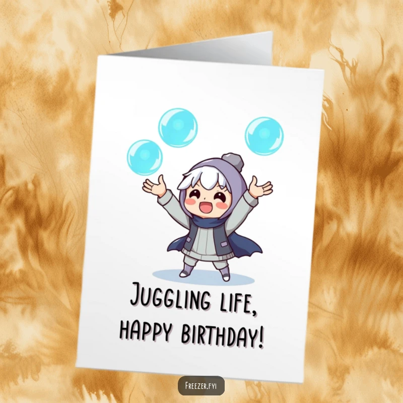 Funny Free Printable Birthday Card: character excitedly juggles glowing ice orbs, a magical and humorous downloadable gift for celebrations.
