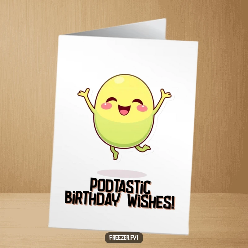 Funny Free Printable Birthday Card: A cheerful pea pod character mid-air doing a hilarious silly jump, spreading joy.
