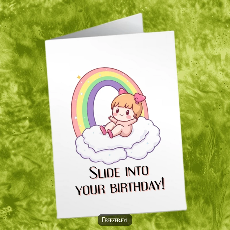 Funny Free Printable Birthday Card: A character gleefully sliding down a shimmering rainbow made entirely of frost, celebrating a cool birthday.