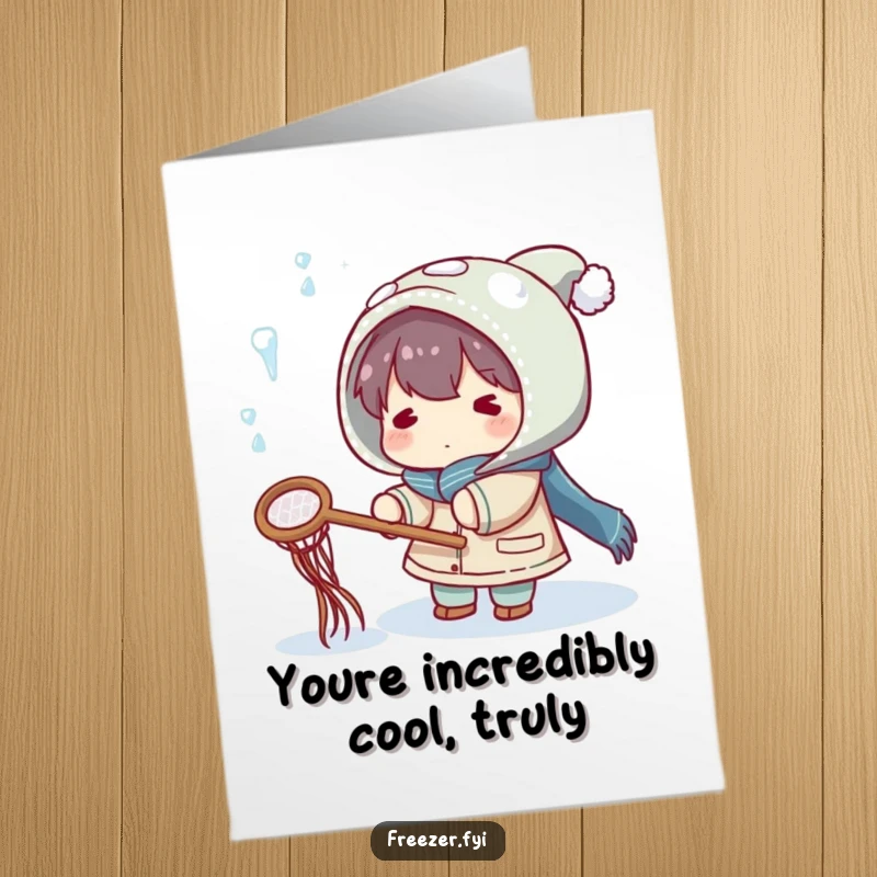 Funny Free Printable Congrats Card: Character Playfully Trying to Catch Falling Icicles with a Net, Winter Victory