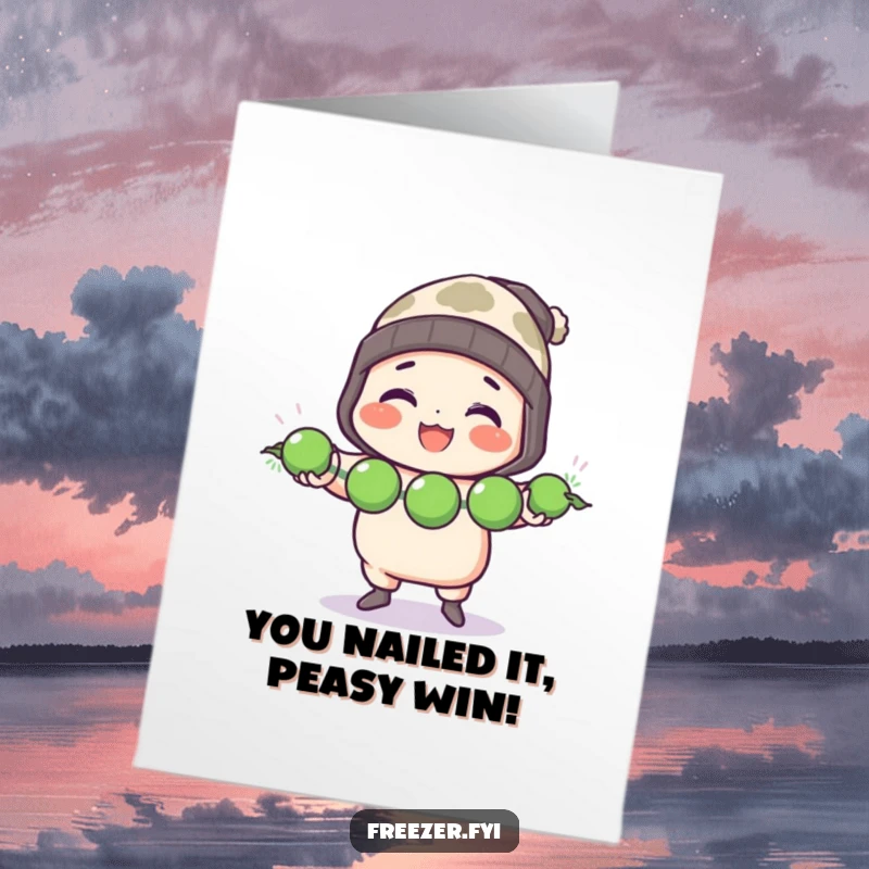 Funny Free Printable Congrats Card: Chef Character Juggling Frozen Peas with a Cheerful Expression, Culinary Achievement