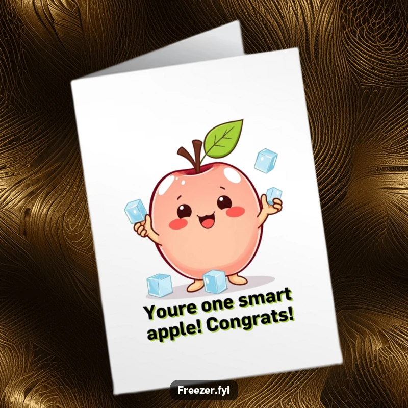 Free Printable Congratulations Card: A proud apple character juggles ice cubes, signifying a 'cool' achievement.
