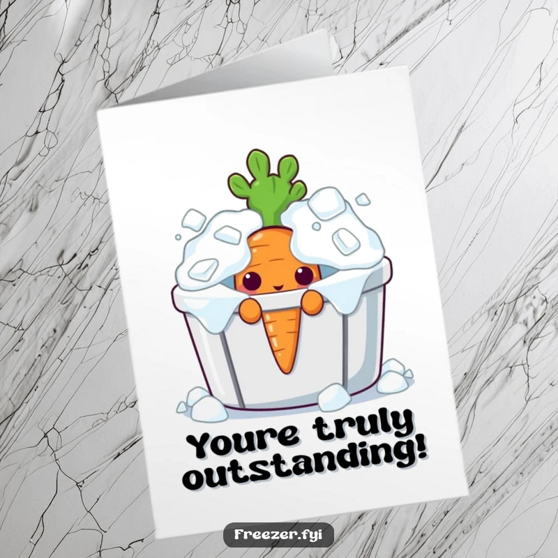 Free Printable Congratulations Card: A curious carrot peeking from an ice bin, a cool and downloadable celebration gift.