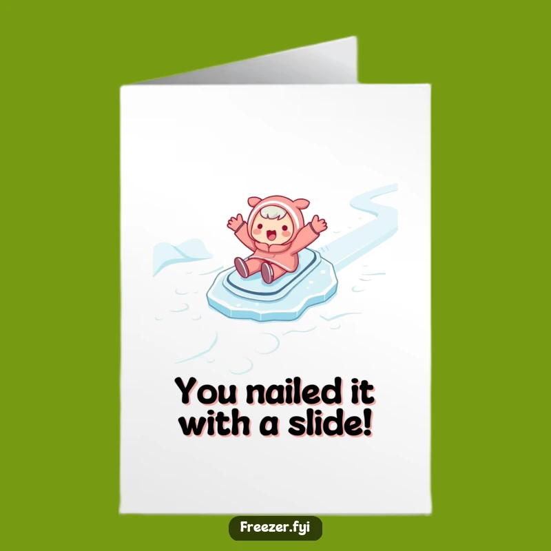 Free Printable Congrats Card: Character's Icy Slide - Funny Downloadable Gift for Success