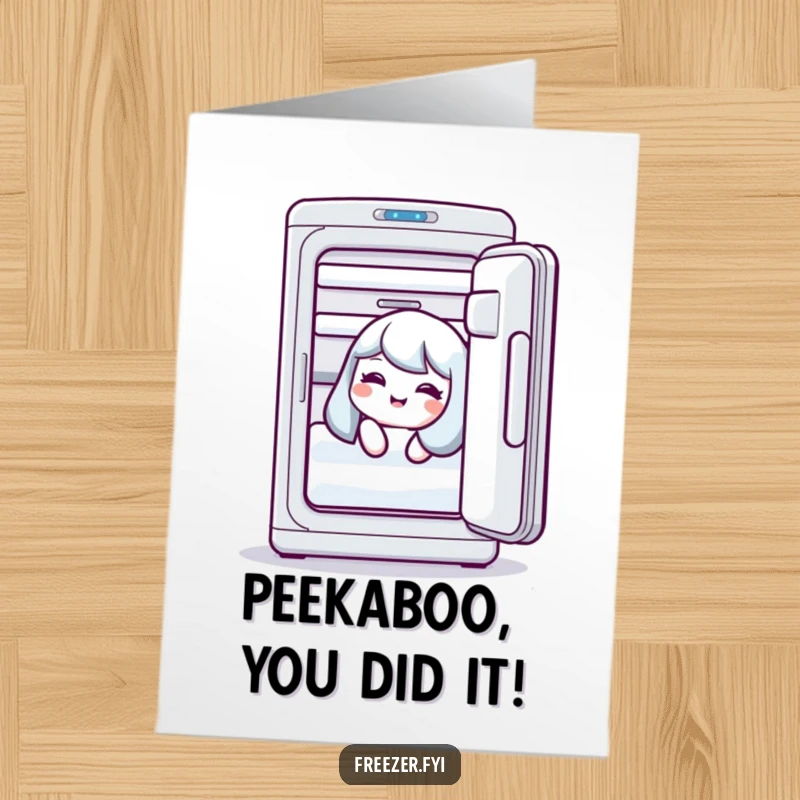 Funny free printable congratulations card: a character peeking out of an open freezer door, giggling mischievously.