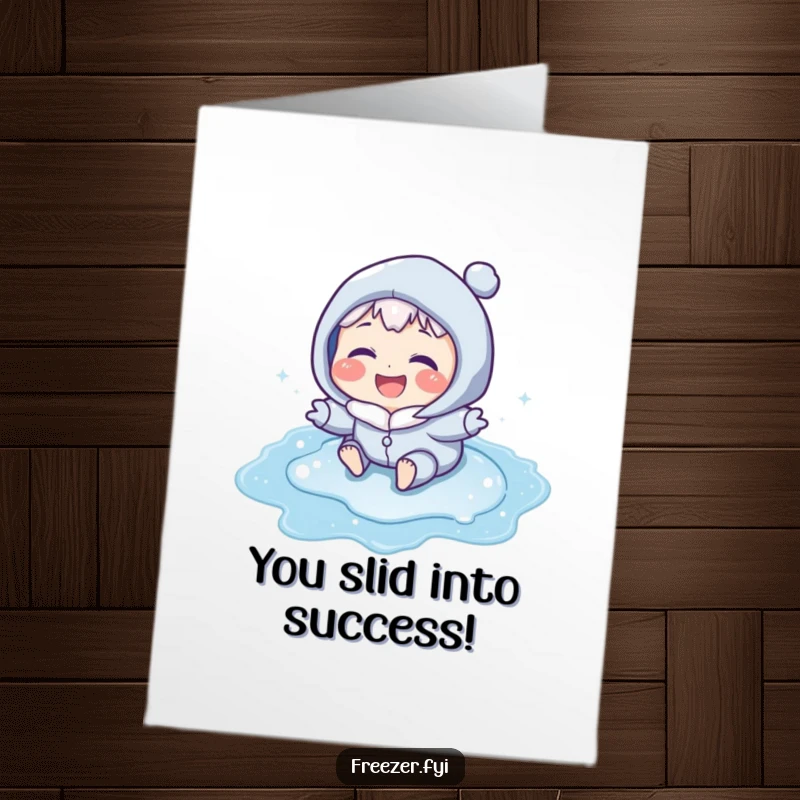 Funny Free Printable Congrats Card: Character with blue cheeks laughing while sliding on ice. Humorous celebration.