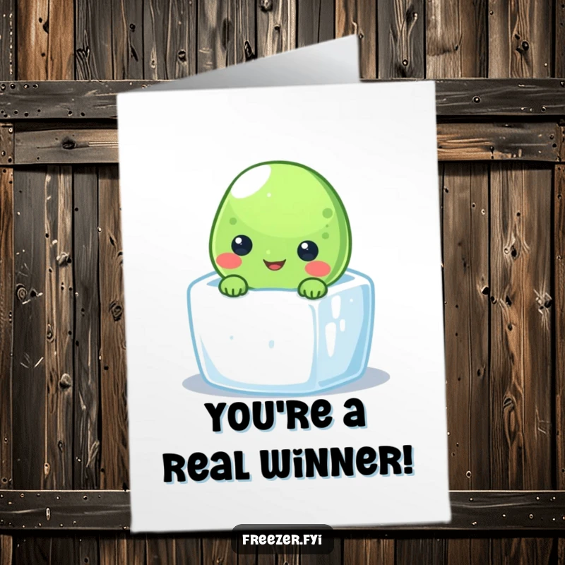Free Printable Congratulations Card featuring a smiling pea character peeking out from a tiny ice cube.