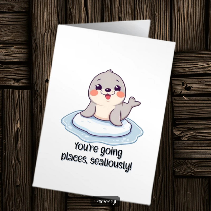 Funny Free Printable Congratulations Card: Seal joyfully sliding on ice, celebrating a great accomplishment.