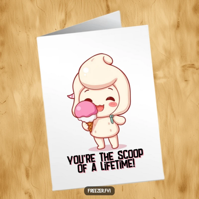 Funny Free Printable Congratulations Card: A beaming character proudly holding a single, perfect scoop of ice cream, celebrating a sweet accomplishment.