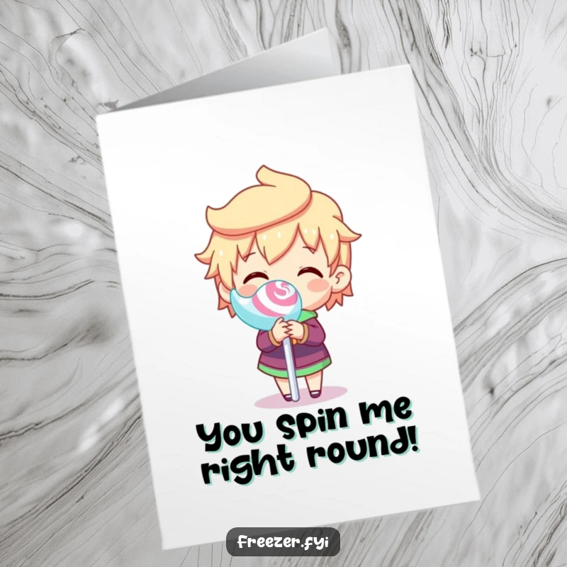Funny Free Printable Congratulations Card: Character joyfully spinning a frozen lollipop stick in celebration.