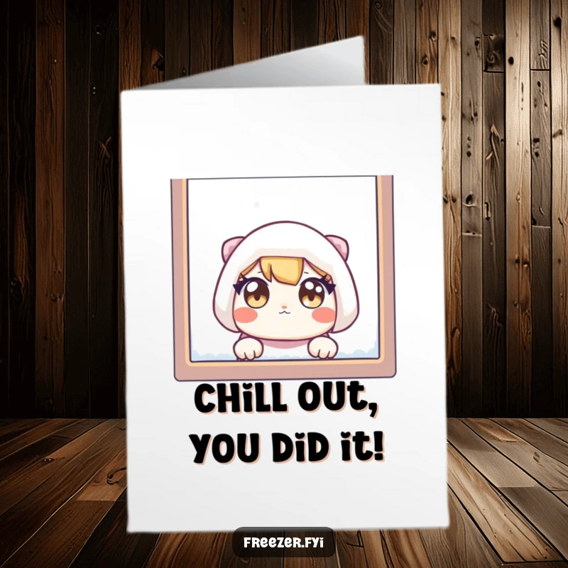 Funny Free Printable Congratulations Card: Wide-eyed character peeking through a frosted window, expressing surprise.