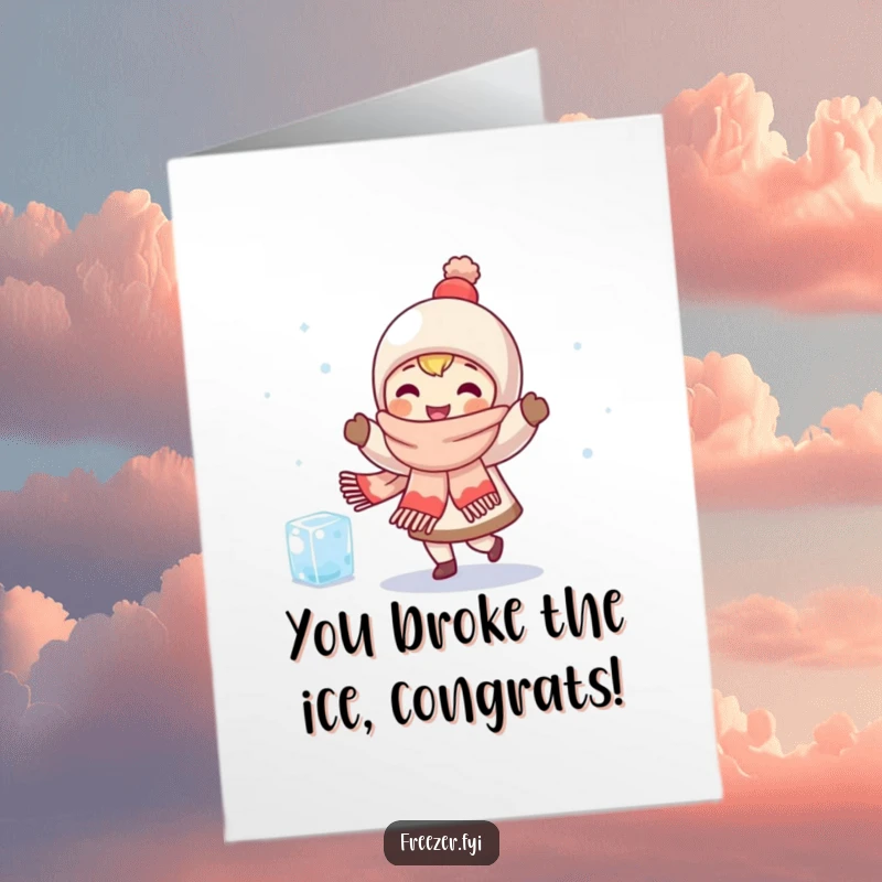 Funny Free Printable Congrats Card: Character wearing scarf dancing happily with a shivering ice cube. Humorous celebration.