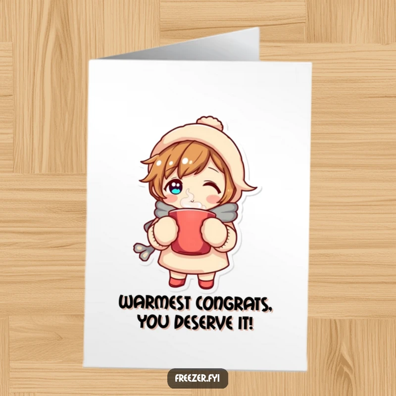 Free Printable Congrats Card: Cozy character with mittens and a hot mug, a warm and celebratory downloadable.