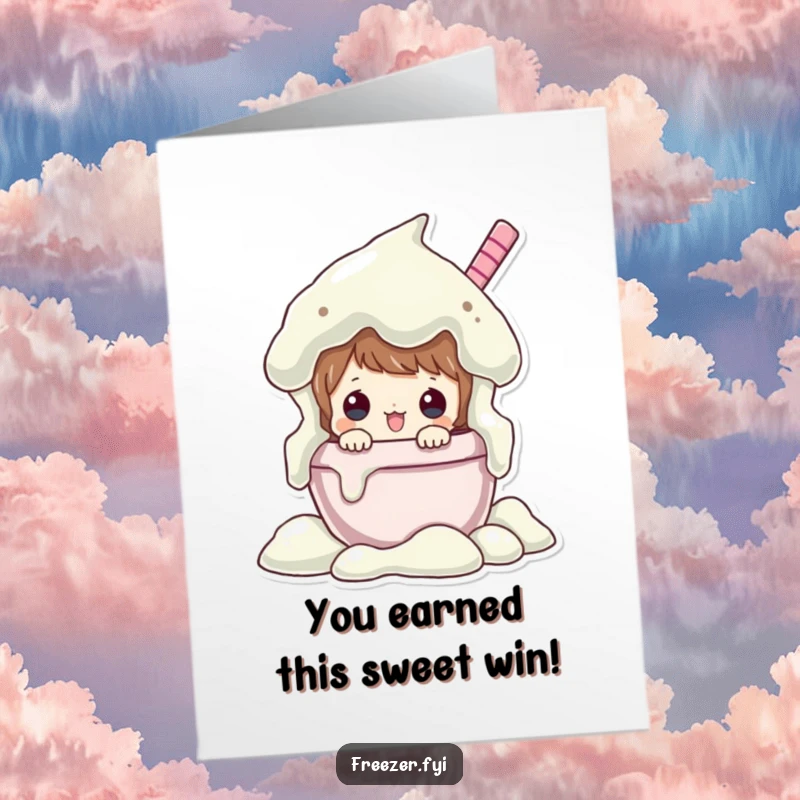 Funny Free Printable Congratulations Card: Character peeking from an overflowing ice cream tub, celebrating success with downloadable sweet treats.